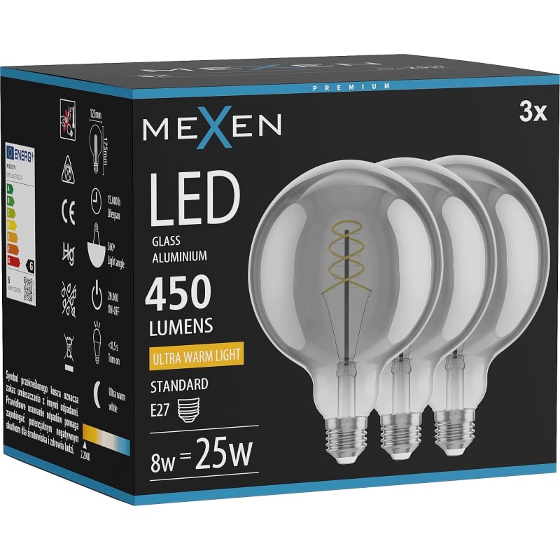 Mexen Vintis 3x LED-Filament-Glühbirne Spirale E27, G125, 8W, Warm - 2200K, 450 lm, Rauch - L168-E27-0822-70x03