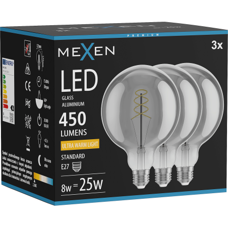 Mexen Vintis 3x LED-Filament-Glühbirne Spirale E27, G125, 8W, Warm - 2200K, 450 lm, Rauch - L168-E27-0822-70x03