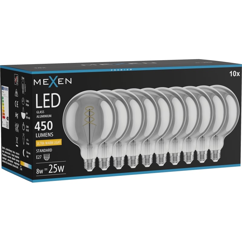 Mexen Vintis 10x Filament-LED-Birne Spirale E27, G125, 8W, Warm - 2200K, 450 lm, smoke - L168-E27-0822-70x10