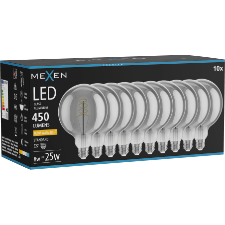 Mexen Vintis 10x Filament-LED-Birne Spirale E27, G125, 8W, Warm - 2200K, 450 lm, smoke - L168-E27-0822-70x10