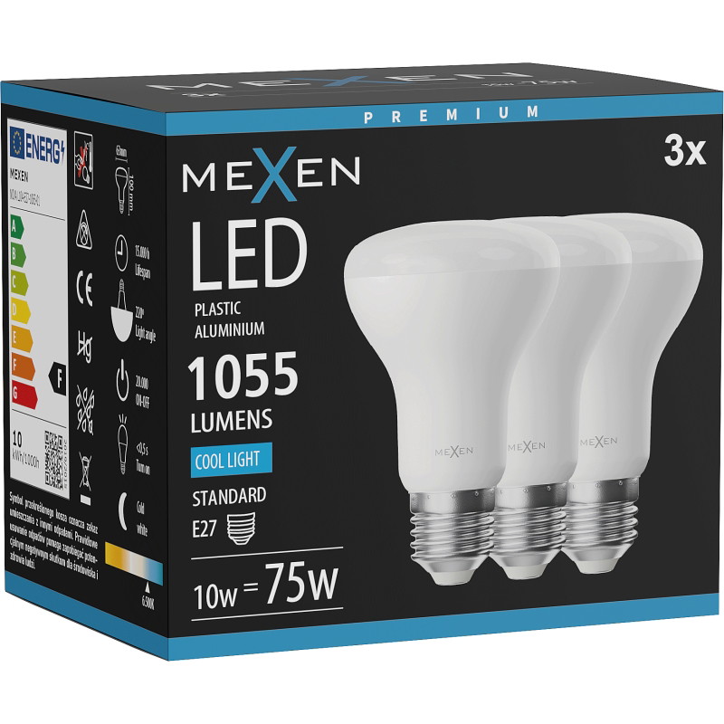 Mexen Nova 3x LED-Glühbirne E27, R63, 10W, Kalt - 6500K, 1055 lm - L104-E27-1065-01x03