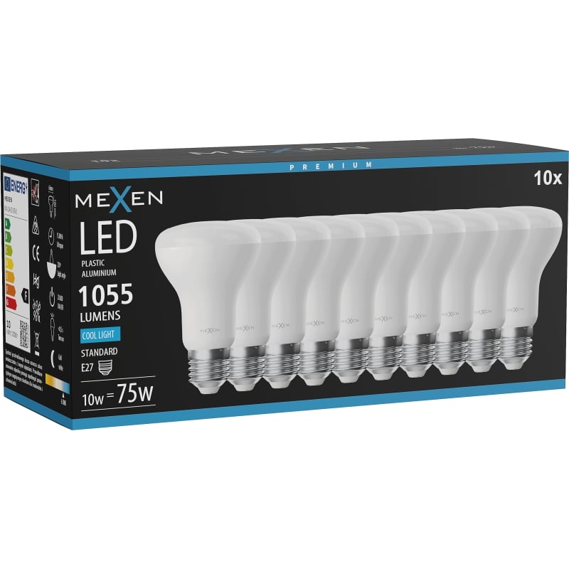 Mexen Nova 10x LED-Glühbirne E27, R63, 10W, Kalt - 6500K, 1055 lm - L104-E27-1065-01x10