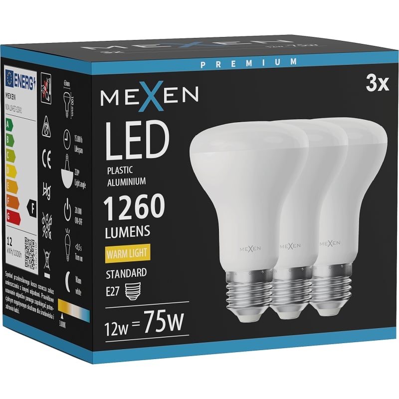 Mexen Nova 3x LED-Glühbirne E27, R63, 12W, Warm - 3000K, 1260 lm - L104-E27-1230-01x03