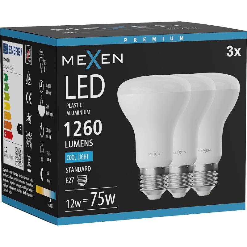 Mexen Nova 3x LED-Glühlampe E27, R63, 12W, Kalt - 6500K, 1260 lm - L104-E27-1265-01x03