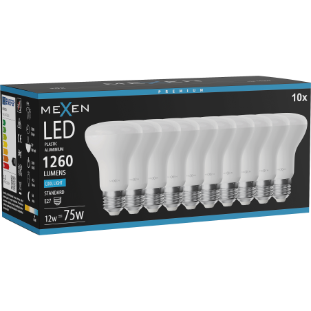 Mexen Nova 10x LED-Glühbirne E27, R63, 12W, Kalt - 6500K, 1260 lm - L104-E27-1265-01x10