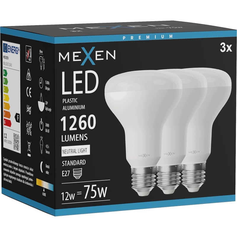 Mexen Nova 3x LED-Glühbirne E27, R80, 12W, Neutral - 4000K, 1260 lm - L105-E27-1240-01x03