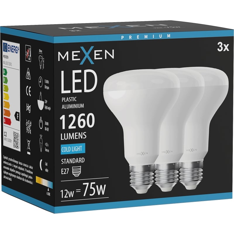Mexen Nova 3x LED-Glühbirne E27, R80, 12W, Kalt - 6500K, 1260 lm - L105-E27-1265-01x03
