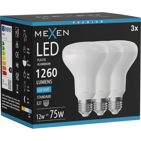 Mexen Nova 3x LED-Glühbirne E27, R80, 12W, Kalt - 6500K, 1260 lm - L105-E27-1265-01x03