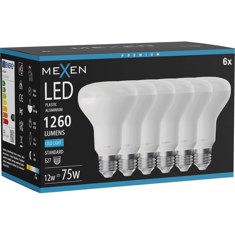 Mexen Nova 6x LED-Lampe E27, R80, 12W, Kalt - 6500K, 1260 lm - L105-E27-1265-01x06