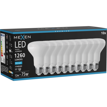 Mexen Nova 10x LED-Glühbirne E27, R80, 12W, Kalt - 6500K, 1260 lm - L105-E27-1265-01x10