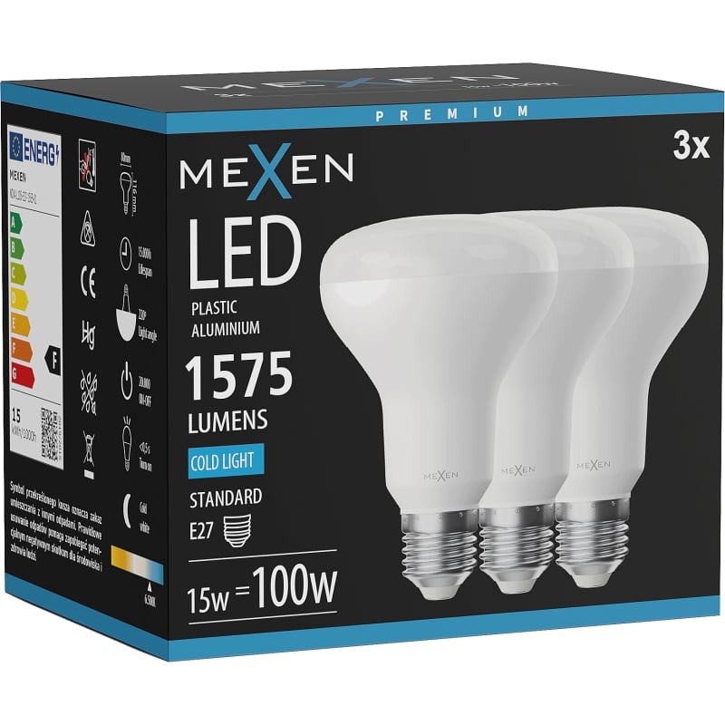 Mexen Nova 3x LED-Glühlampe E27, R80, 15W, Kaltweiß - 6500K, 1575 lm - L105-E27-1565-01x03