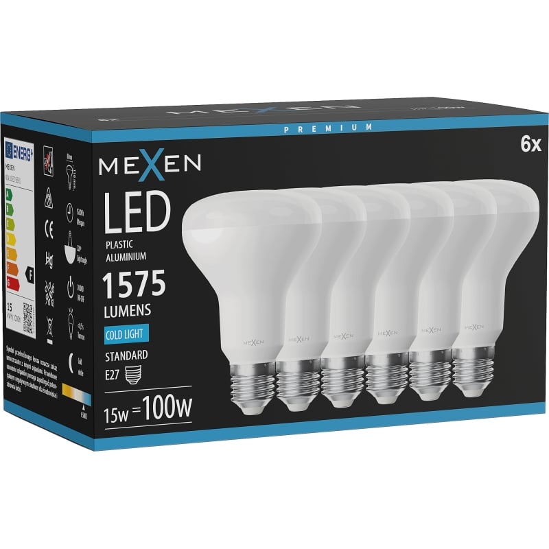 Mexen Nova 6x LED-Glühbirne E27, R80, 15W, Kalt - 6500K, 1575 lm - L105-E27-1565-01x06