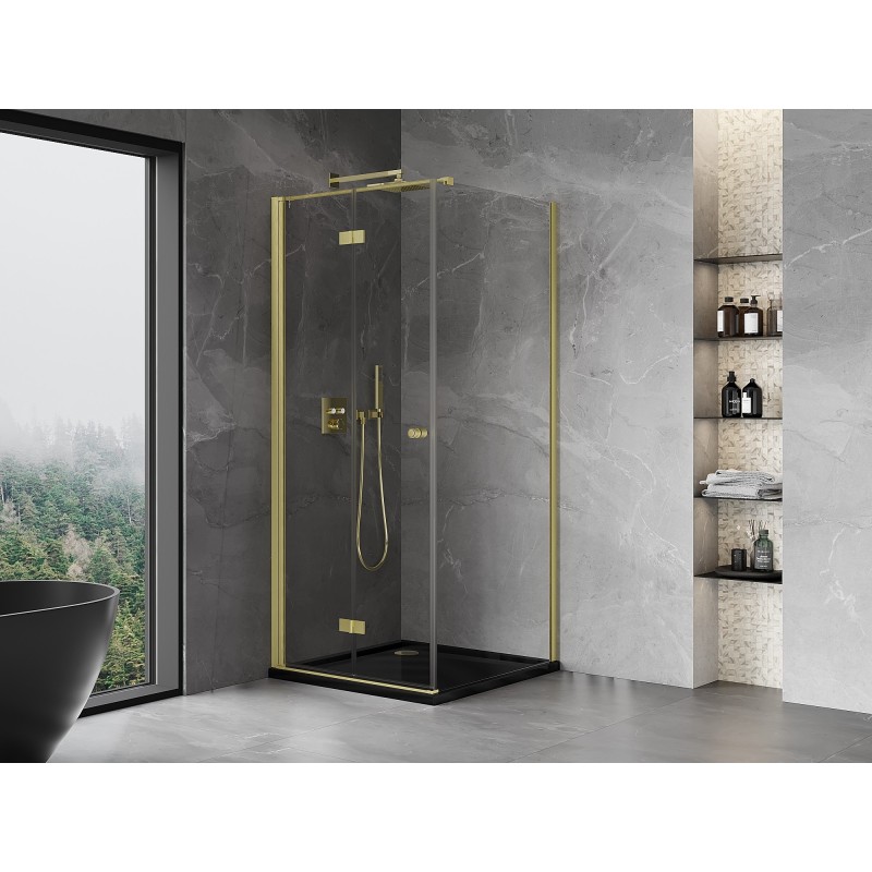 Mexen Mist-F faltbare Duschkabine links 100 x 100 cm, transparent, gebürstetes Gold - 8A6T-100-100-55-00-L
