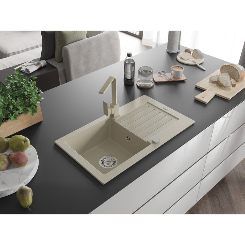 Mexen Pablo Granitspüle 1-becken mit Abtropffläche und Küchenarmatur Rita, beige - 6510-69-670300-69
