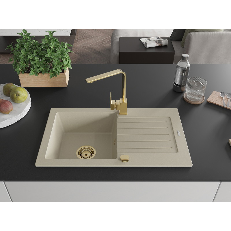 Mexen Pablo Granitspüle 1-beckig mit Abtropffläche und Küchenarmatur Rita, beige - 6510-69-670300-50