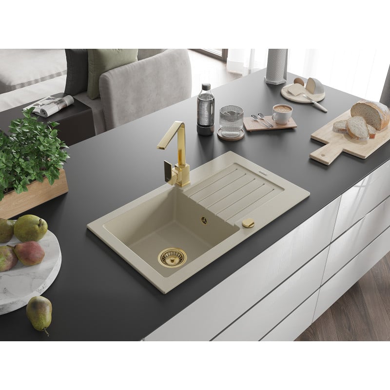 Mexen Pablo Granitspüle 1-Becken mit Abtropffläche und Küchenarmatur Rita, beige - 6510-69-670300-50