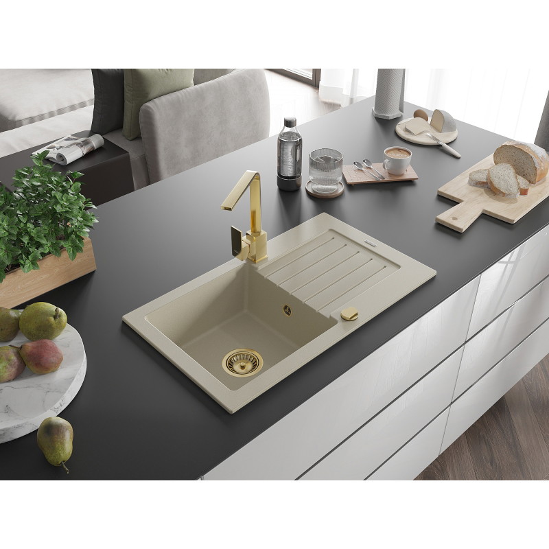 Mexen Pablo Granitspüle 1-beckig mit Abtropffläche und Küchenarmatur Rita, beige - 6510-69-670300-50