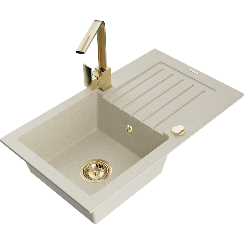 Mexen Pablo Granitspüle 1-Becken mit Abtropffläche und Küchenarmatur Rita, beige - 6510-69-670300-50