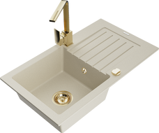 Mexen Pablo Granitspüle 1-Becken mit Abtropffläche und Küchenarmatur Rita, beige - 6510-69-670300-50