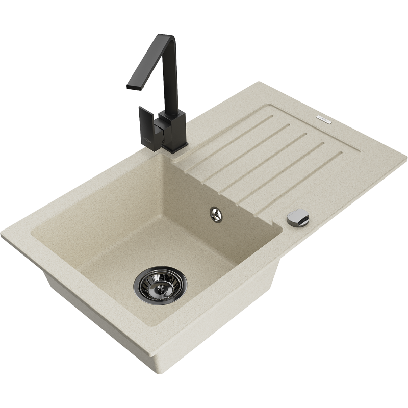 Mexen Pablo Granitspüle 1-Becken mit Abtropffläche und Küchenarmatur Rita, beige - 6510-69-670300-70