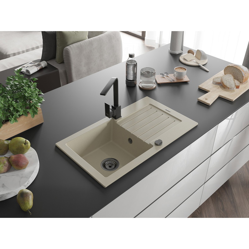 Mexen Pablo Granitspüle 1-Becken mit Abtropffläche und Küchenarmatur Rita, beige - 6510-69-670300-70