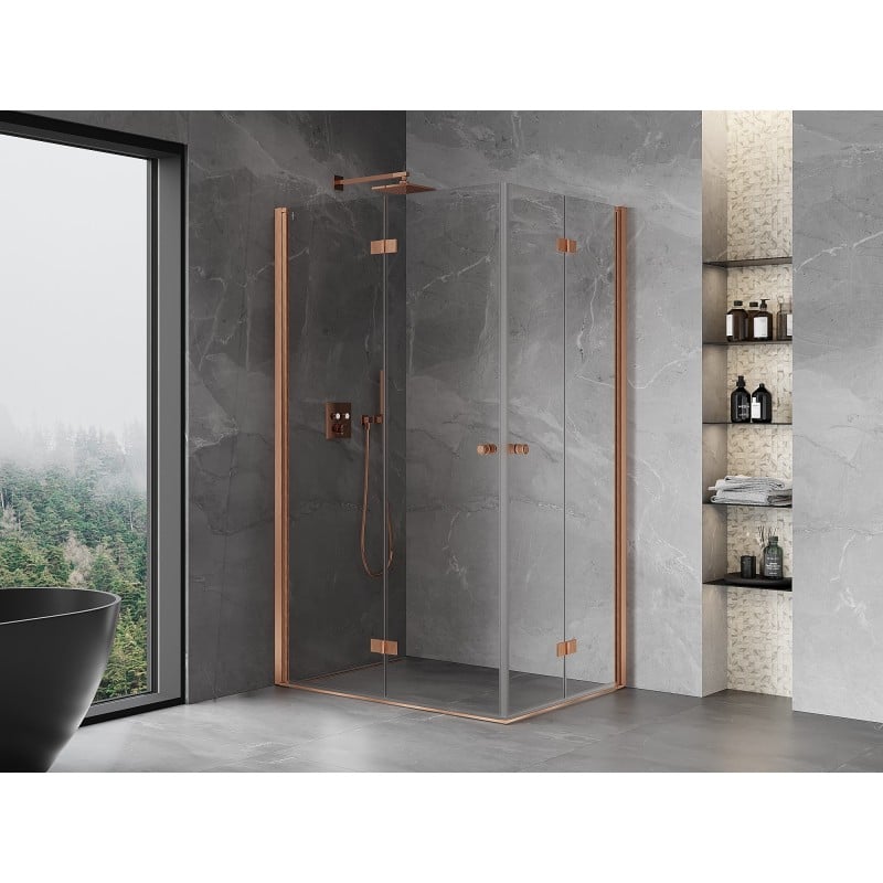 Mexen Mist-F Duo klappbare Duschkabine links 110 x 100 cm, transparent, gebürstetes Kupfer - 8A6-110L-100P-65-00