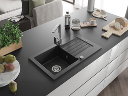 Mexen Pablo Granitspüle 1-beckig mit Abtropffläche und Küchenarmatur Rita, schwarz/silber metallic - 6510-73-670300-00