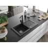 Mexen Pablo Granitspüle 1-becken mit Abtropffläche und Küchenarmatur Rita, schwarz/silber metallic- 6510-73-670300-70