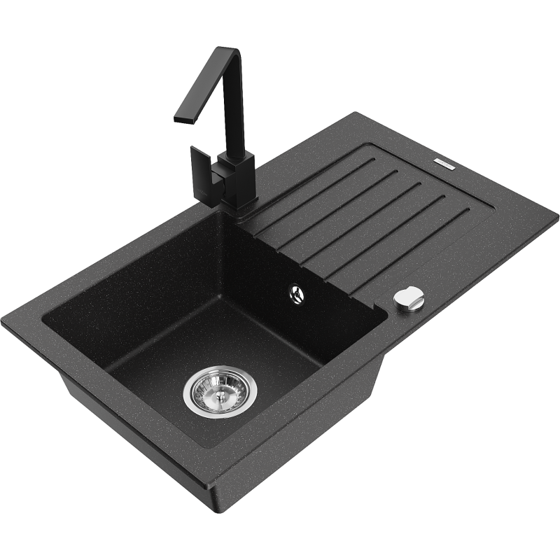 Mexen Pablo Granitspüle 1-becken mit Abtropffläche und Küchenarmatur Rita, schwarz/silber metallic- 6510-73-670300-70