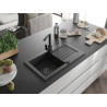 Mexen Pablo Granitspüle einbecken mit Abtropffläche und Küchenarmatur Rita, schwarz/silber metallic - 6510-73-670300-70-B