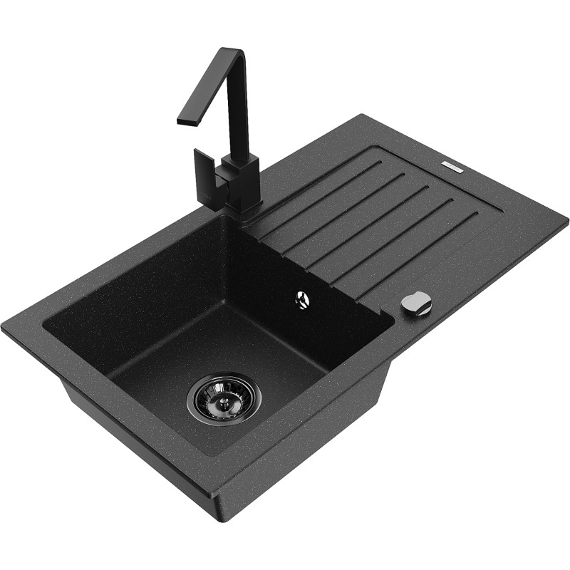 Mexen Pablo Granitspüle mit 1 Becken, Abtropffläche und Küchenarmatur Rita, schwarz/silber metallic - 6510-73-670300-70-B