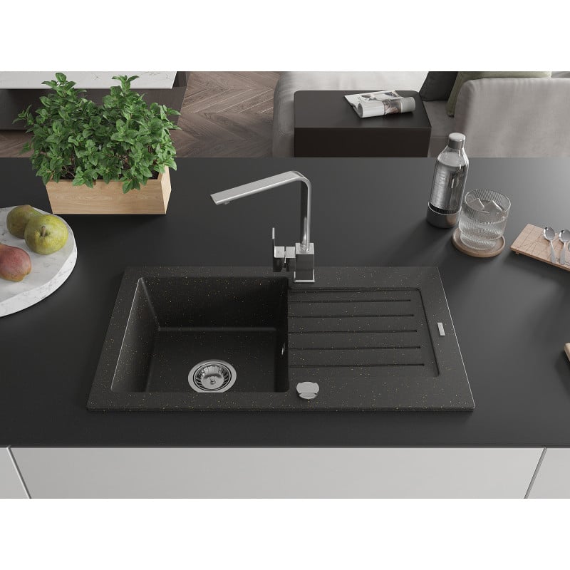 Mexen Pablo Granitspüle 1-Becken mit Abtropffläche und Küchenarmatur Rita, Schwarz/Gold Metallic- 6510-75-670300-00