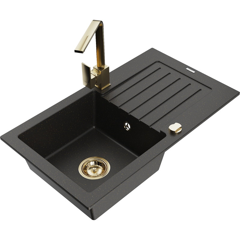 Mexen Pablo Granitspüle 1-Becken mit Abtropffläche und Küchenarmatur Rita, schwarz/gold metallic - 6510-75-670300-50