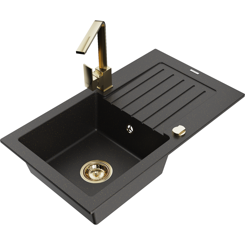 Mexen Pablo Granitspüle mit 1 Becken, Abtropffläche und Kücharmatur Rita, schwarz/gold metallic- 6510-75-670300-50