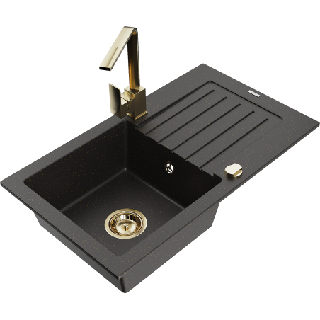 Mexen Pablo Granitspüle 1-Becken mit Abtropffläche und Küchenarmatur Rita, schwarz/gold metallic - 6510-75-670300-50