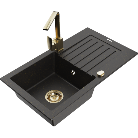 Mexen Pablo Granitspüle mit 1 Becken, Abtropffläche und Kücharmatur Rita, schwarz/gold metallic- 6510-75-670300-50