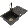 Mexen Pablo Granitspüle 1-Becken mit Abtropffläche und Küchenarmatur Rita, schwarz/gold metallic - 6510-75-670300-50
