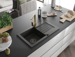 Mexen Pablo Granitspüle 1-Becken mit Abtropffläche und Küchenarmatur Rita, schwarz/gold metallic- 6510-75-670300-50-B