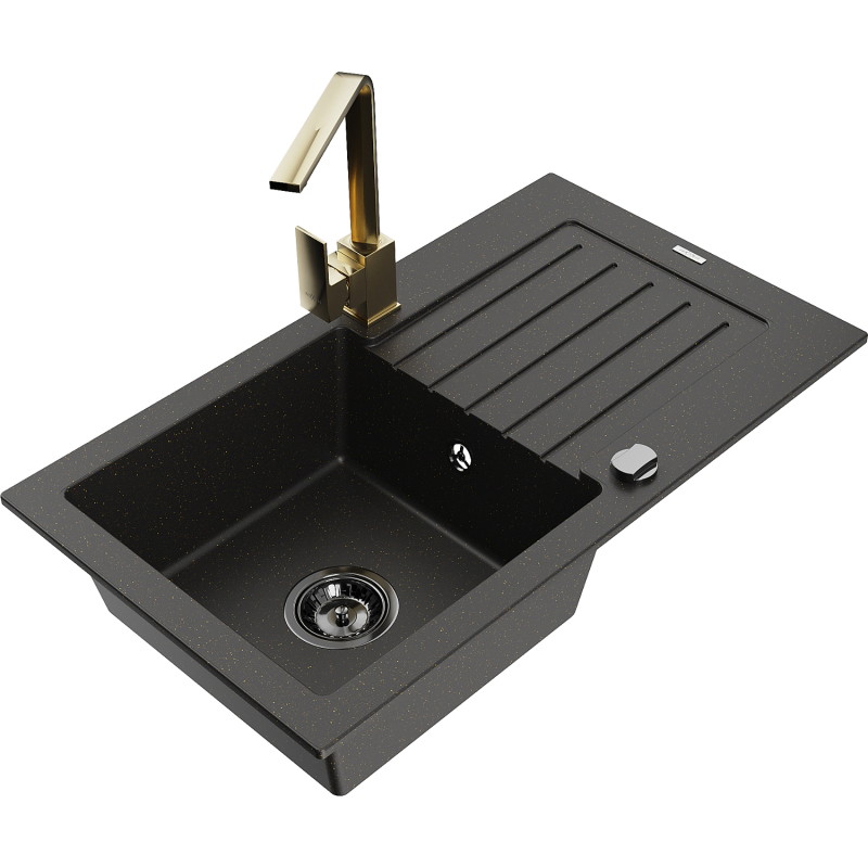 Mexen Pablo Granitspüle 1-becken mit Ablage und Küchenarmatur Rita, Schwarz/Gold Metallic - 6510-75-670300-50-B