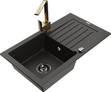 Mexen Pablo Granitspüle 1-becken mit Ablage und Küchenarmatur Rita, Schwarz/Gold Metallic - 6510-75-670300-50-B