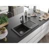 Mexen Pablo Granitspüle 1-becken mit Abtropffläche und Küchenarmatur Rita, schwarz/gold metallic- 6510-75-670300-70