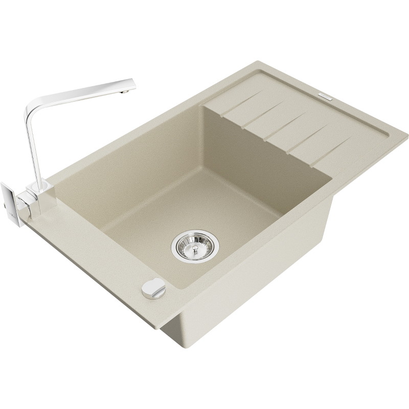Mexen Elias Granit-Spüle 1-becken mit Abtropffläche und Küchenarmatur Rita, beige - 6511-69-670300-00