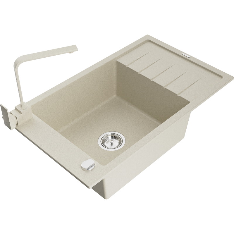 Mexen Elias Granitspüle 1-Fach mit Abtropffläche und Küchenarmatur Rita, beige - 6511-69-670300-69
