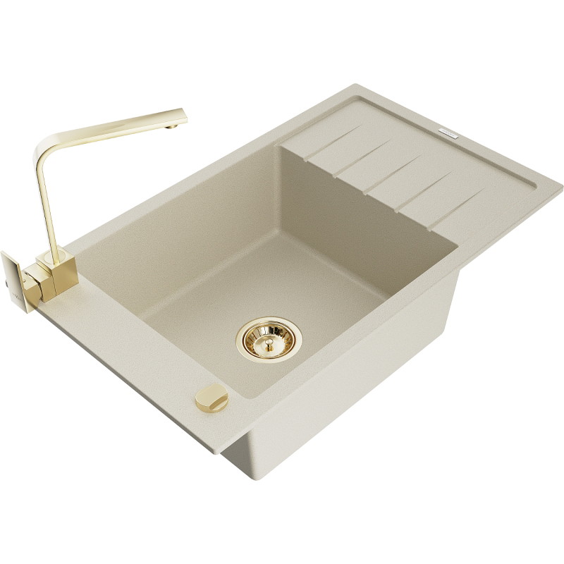 Mexen Elias Granitspüle 1-Becken mit Abtropffläche und Küchenarmatur Rita, beige - 6511-69-670300-50