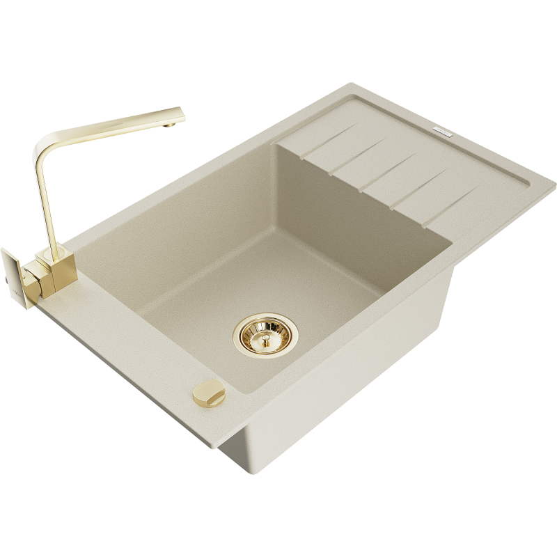 Mexen Elias Granitspüle 1-beckig mit Abtropffläche und Küchenarmatur Rita, beige - 6511-69-670300-50