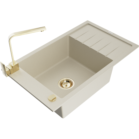 Mexen Elias Granitspüle 1-beckig mit Abtropffläche und Küchenarmatur Rita, beige - 6511-69-670300-50