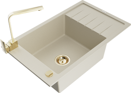Mexen Elias Granitspüle 1-beckig mit Abtropffläche und Küchenarmatur Rita, beige - 6511-69-670300-50