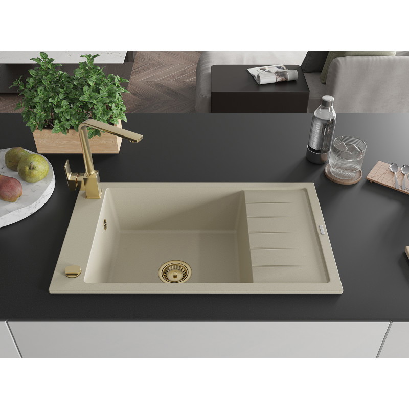 Mexen Elias Granitspüle 1-beckig mit Abtropffläche und Küchenarmatur Rita, beige - 6511-69-670300-50