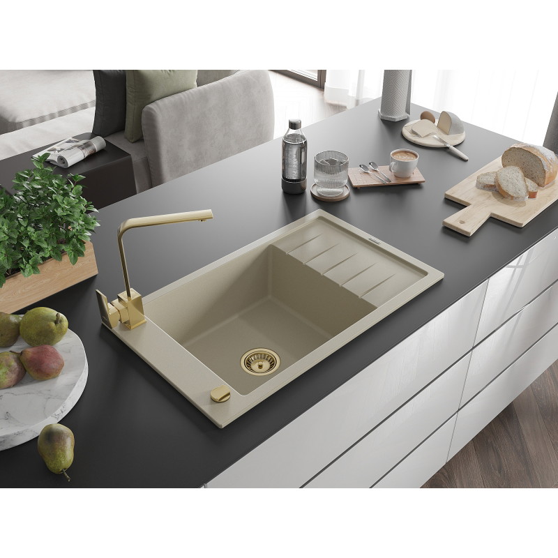 Mexen Elias Granitspüle 1-Becken mit Abtropffläche und Küchenarmatur Rita, beige - 6511-69-670300-50