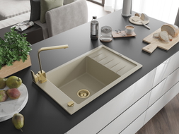 Mexen Elias Granitspüle 1-Becken mit Abtropffläche und Küchenarmatur Rita, beige - 6511-69-670300-50